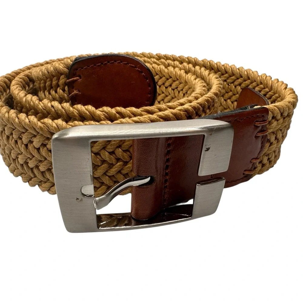 Tommy Bahama Woven Belt Tan Rope Braided Leather Trim Size 36 Made Spain 1.4”